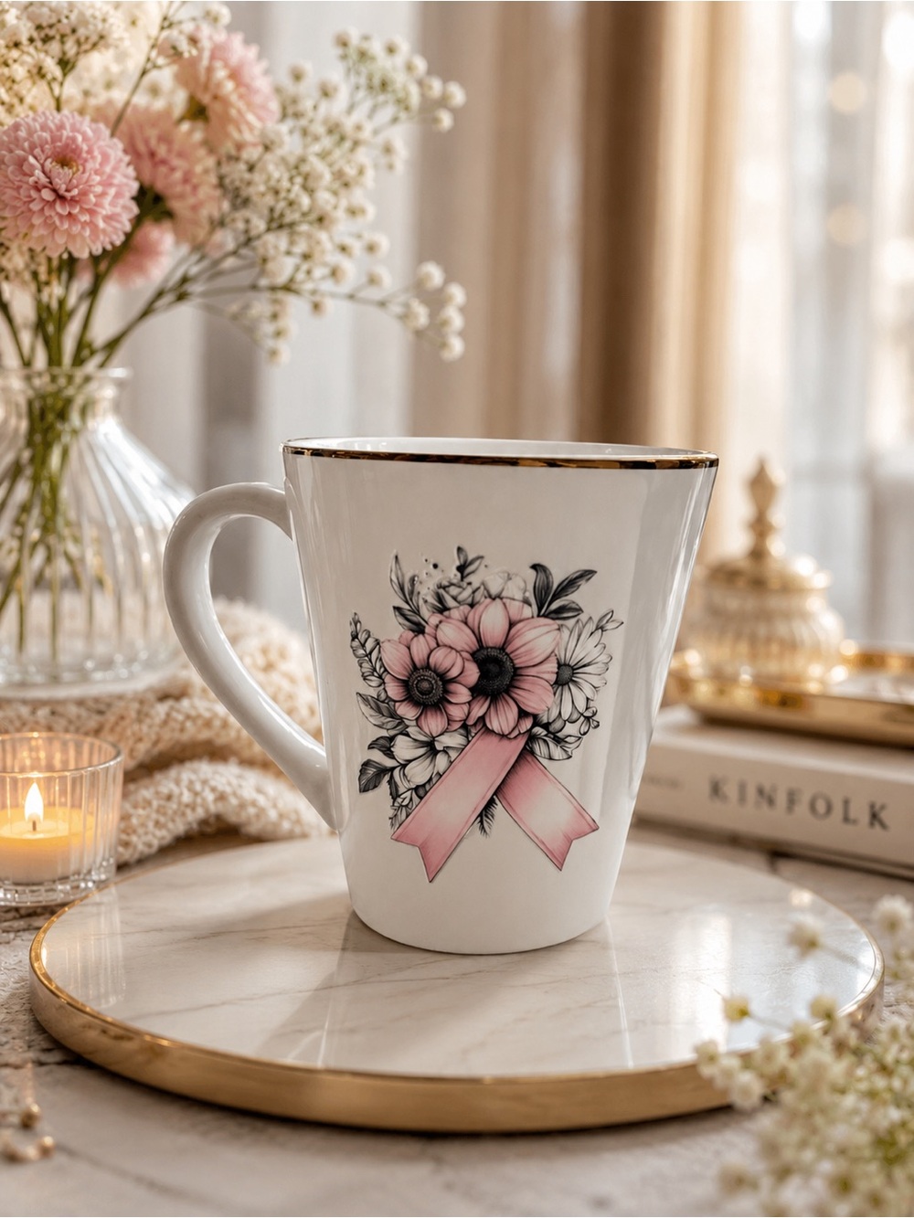 Elegant Pink Ribbon Floral Ceramic Mug - Home Dining